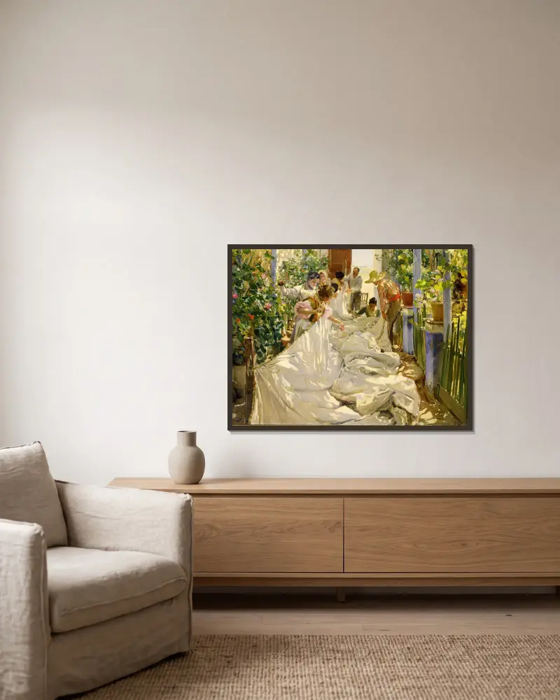 Šití plachty, Joaquín Sorolla v rámu na stěně