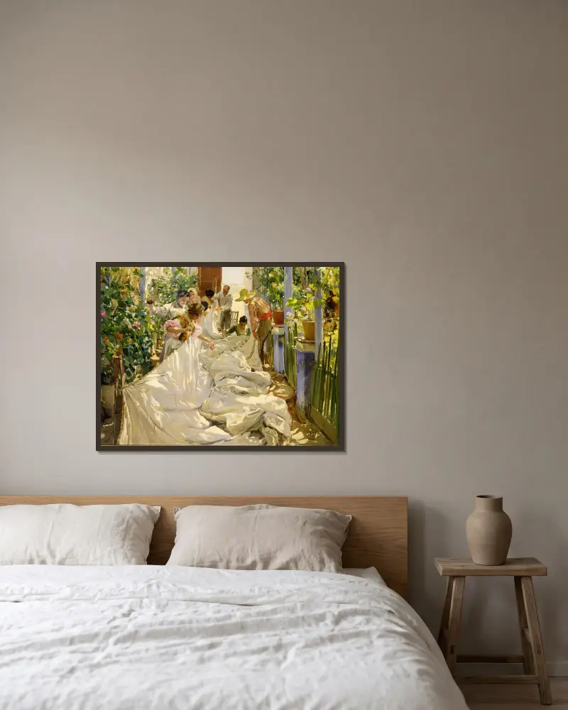 Šití plachty, Joaquín Sorolla v rámu na stěně