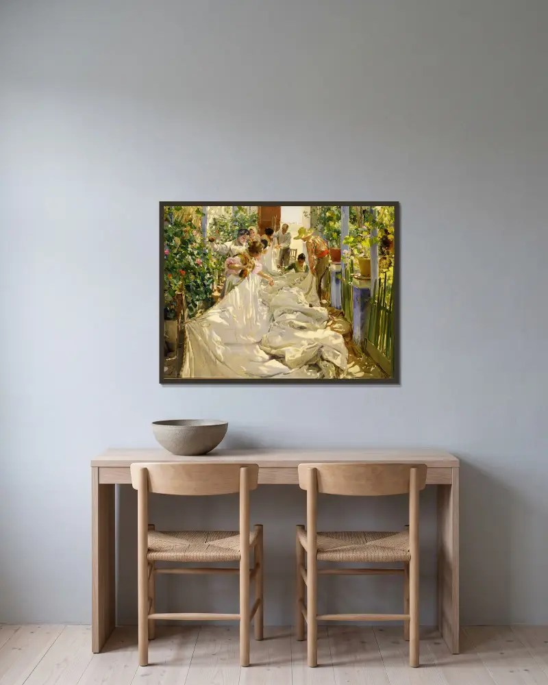 Šití plachty, Joaquín Sorolla v rámu na stěně