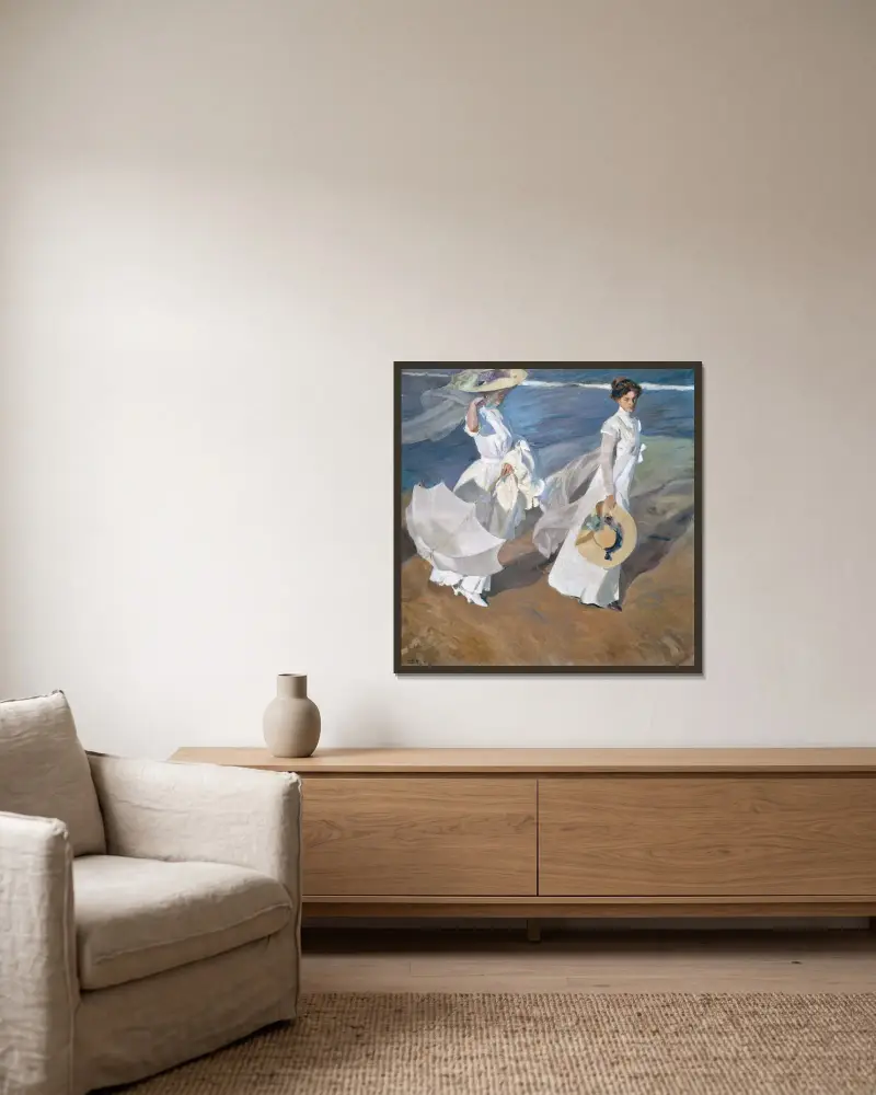 Spaziergang am Meeresstrand von Joaquín Sorolla gerahmt an einer Wand