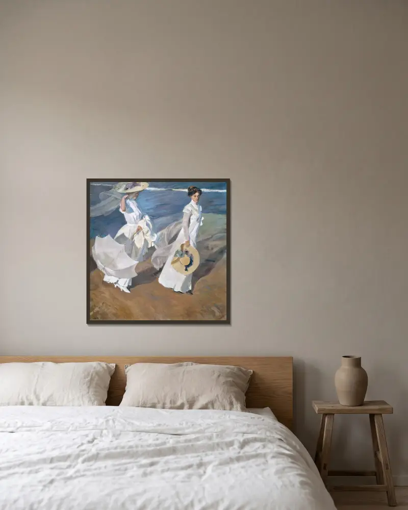 Spaziergang am Meeresstrand von Joaquín Sorolla gerahmt an einer Wand