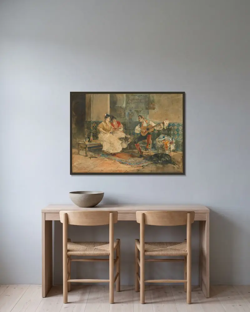 Two women in an interior listening to a guitarist av Joaquín Sorolla inramad på en vägg