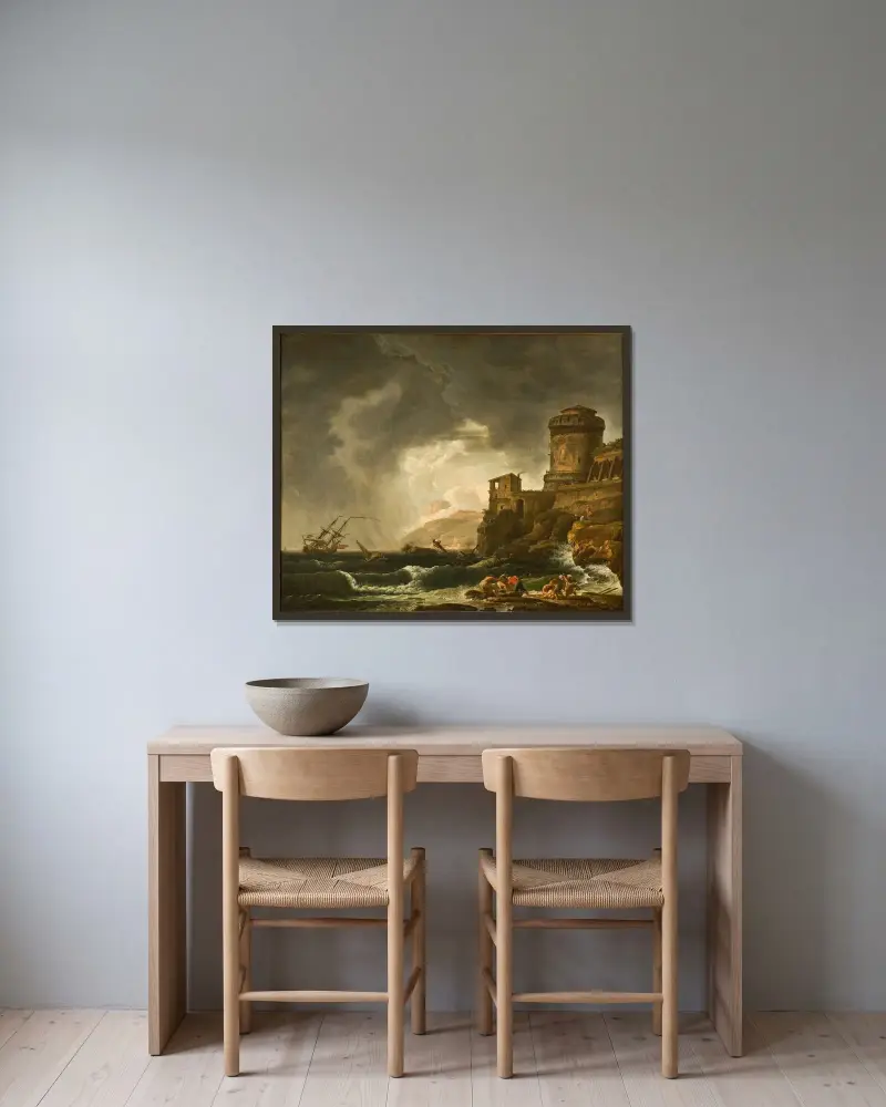 Ett skeppsbrott av Johan Sevenbom inramad på en vägg