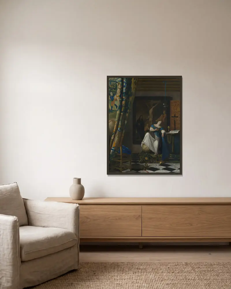 Allegory of the Catholic Faith av Johannes Vermeer inramad på en vägg