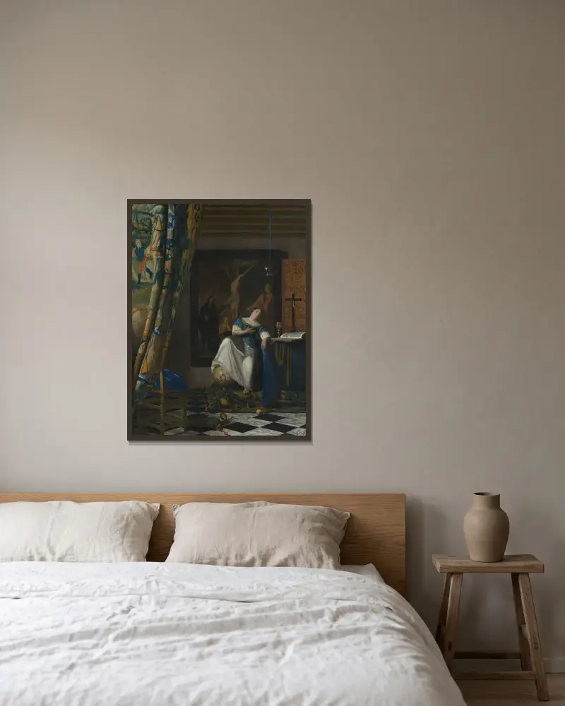 Allegory of the Catholic Faith av Johannes Vermeer inramad på en vägg
