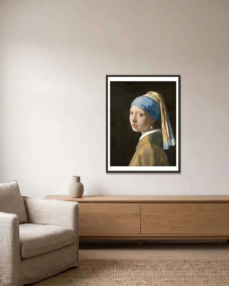 Flicka med pärlörhänge av Johannes Vermeer inramad på en vägg