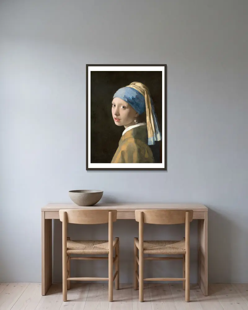 Flicka med pärlörhänge av Johannes Vermeer inramad på en vägg