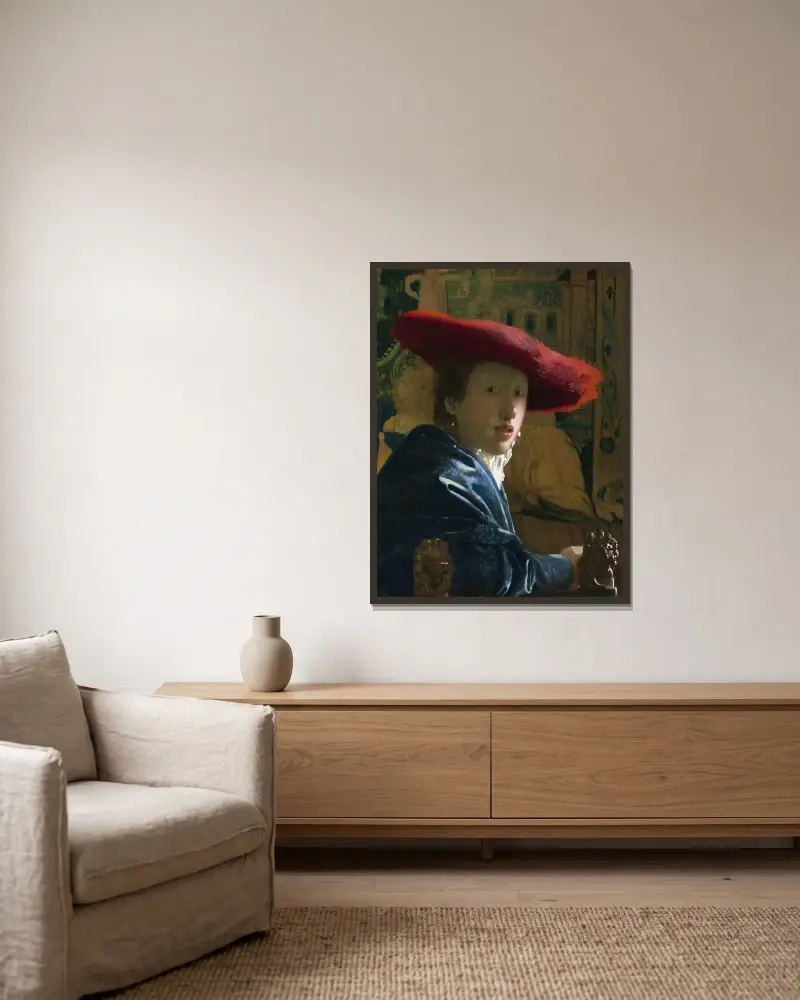 Girl with the Red Hat av Johannes Vermeer inramad på en vägg
