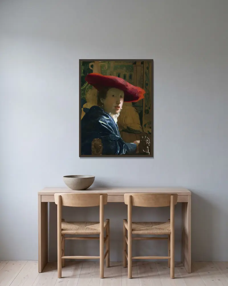 Girl with the Red Hat av Johannes Vermeer inramad på en vägg