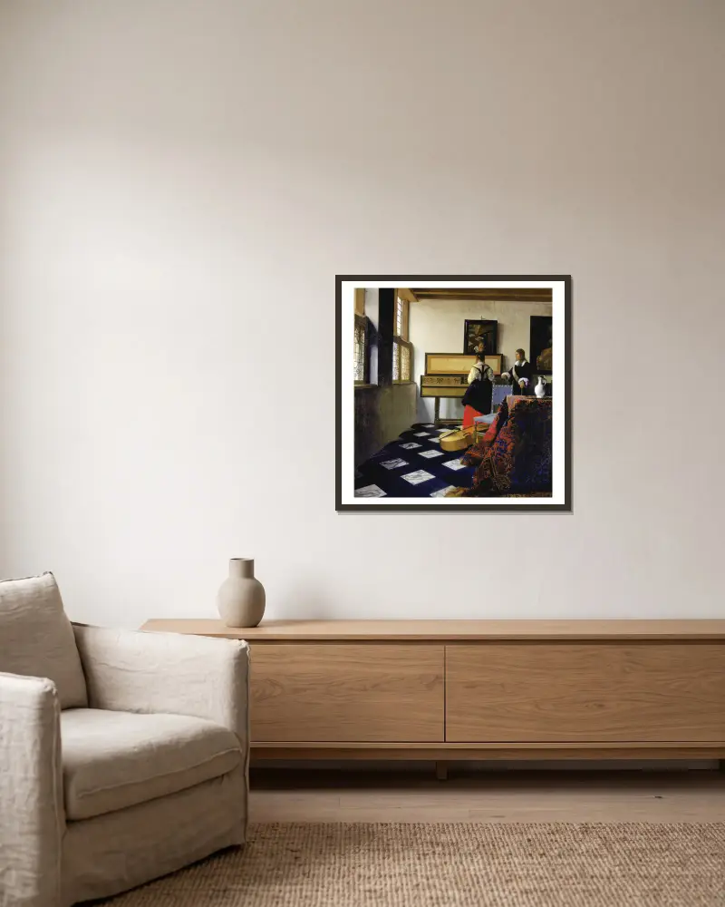 Lady At The Virginal With A Gentleman, ‘the Music Lesson’ av Johannes Vermeer inramad på en vägg