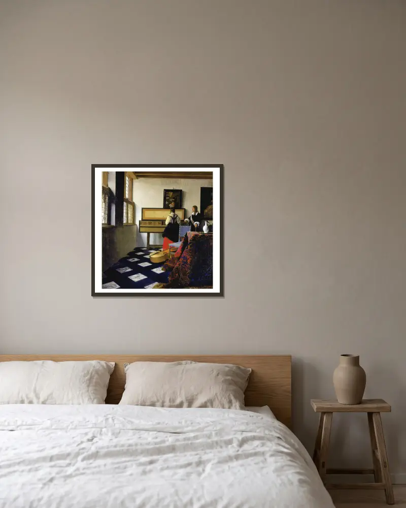 Lady At The Virginal With A Gentleman, ‘the Music Lesson’ av Johannes Vermeer inramad på en vägg