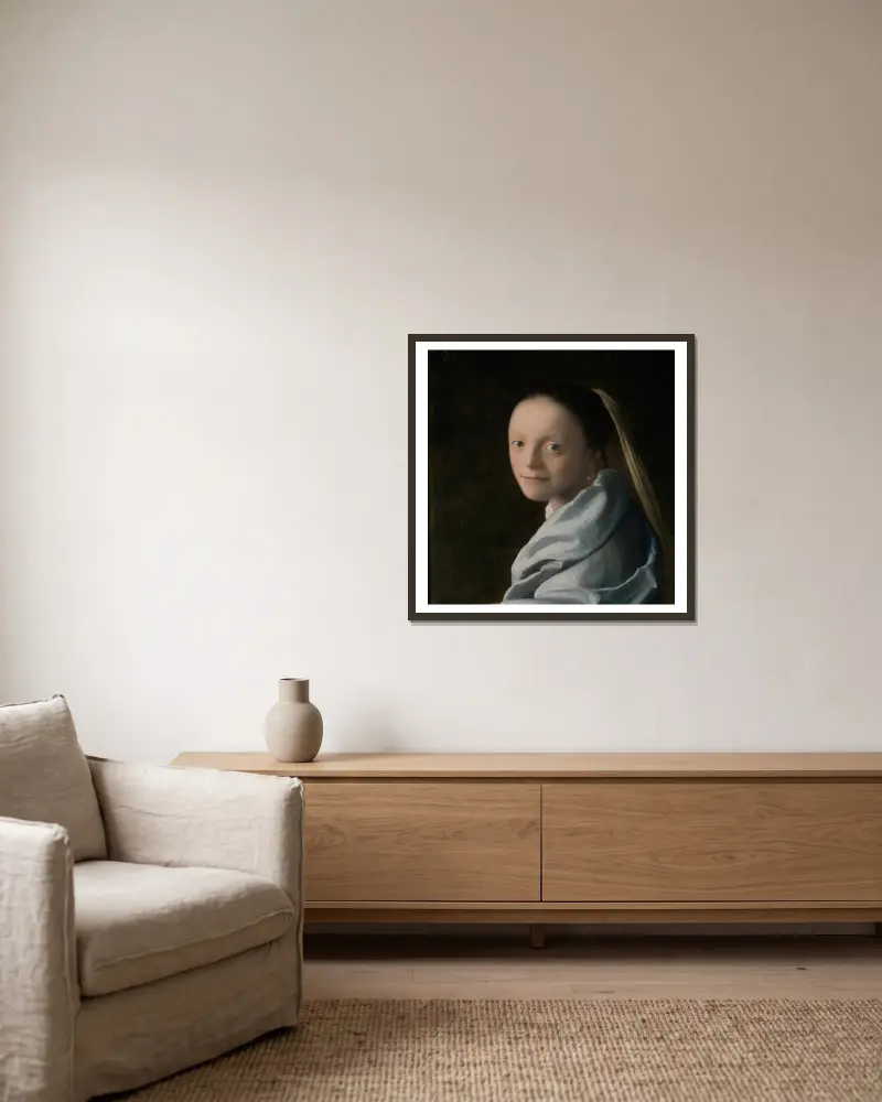 Study of a Young Woman av Johannes Vermeer inramad på en vägg