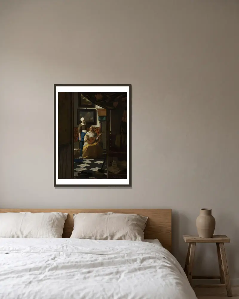 The Love Letter av Johannes Vermeer inramad på en vägg