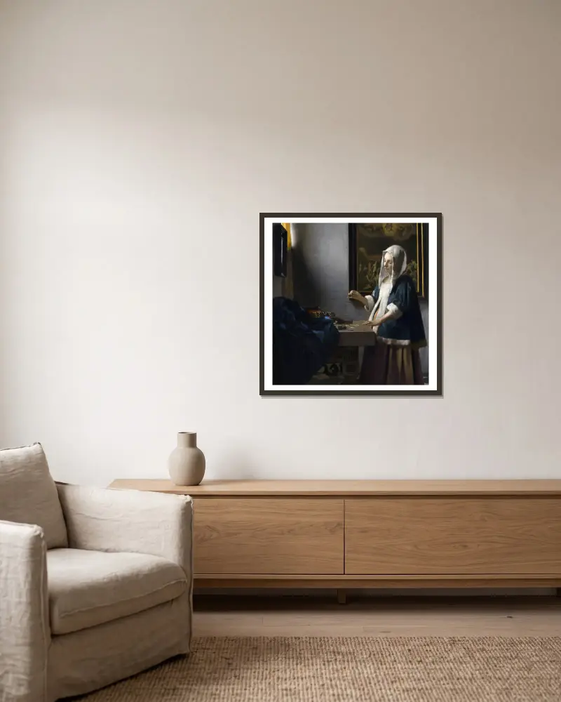 Woman Holding a Balance av Johannes Vermeer inramad på en vägg