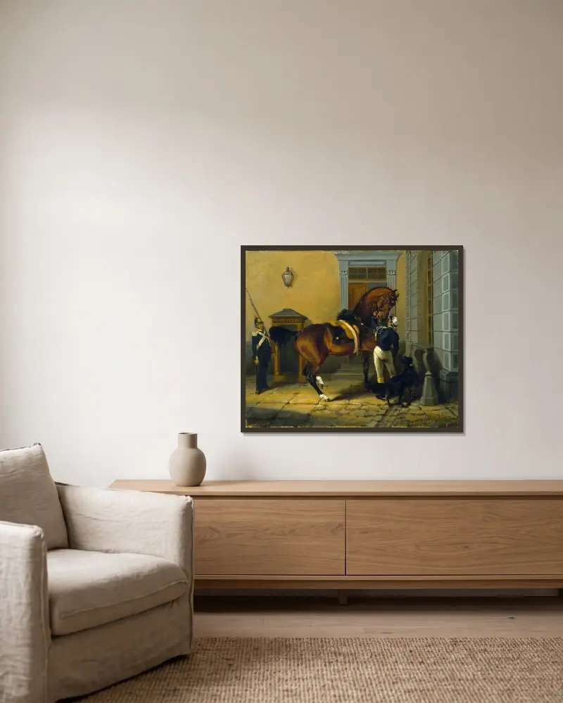 Gentleman, der Lieblingspferd von König Karl XV. von Schweden von John Arsenius gerahmt an einer Wand