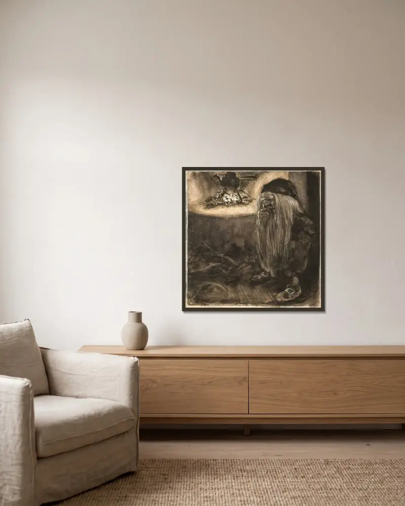 Wichtel am Kamin von John Bauer gerahmt an einer Wand