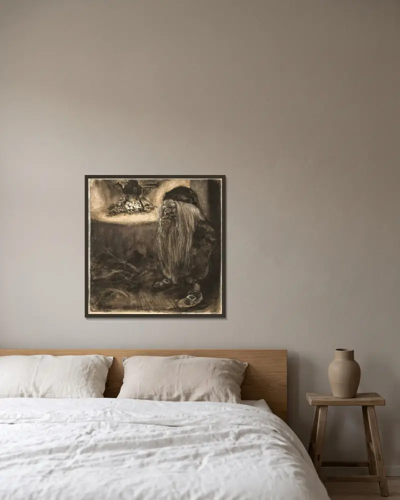 Wichtel am Kamin von John Bauer gerahmt an einer Wand