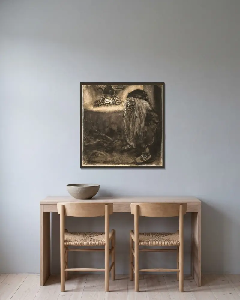 Wichtel am Kamin von John Bauer gerahmt an einer Wand