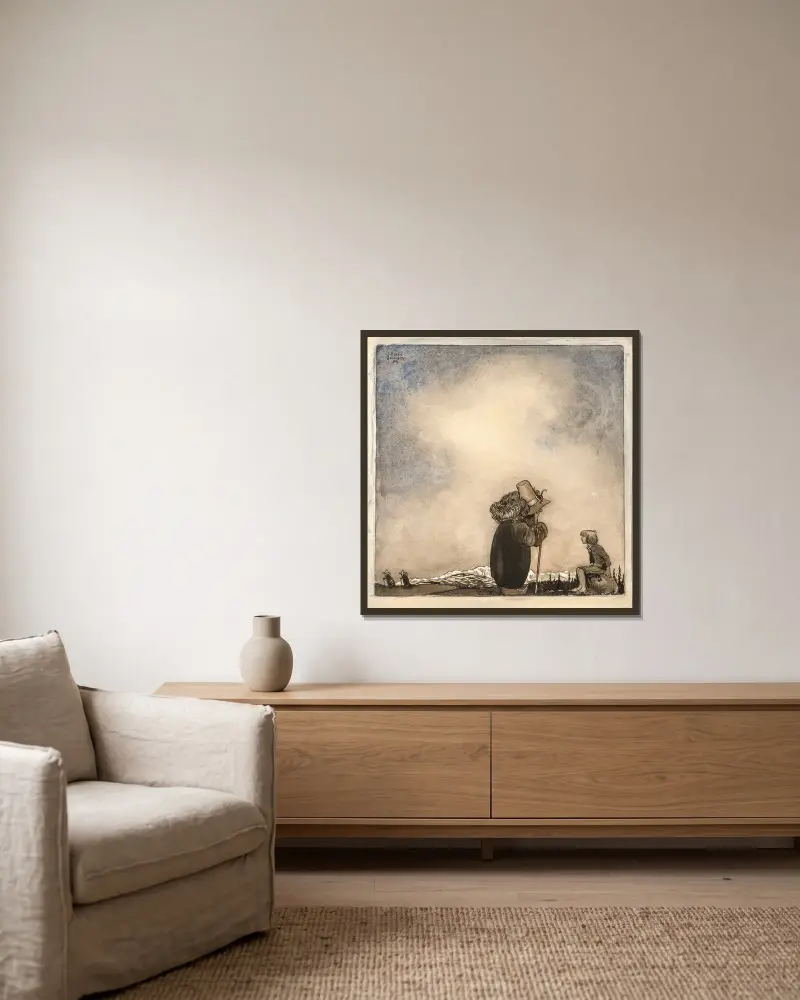 Alter Mann im Gespräch mit einem Jungen von John Bauer gerahmt an einer Wand