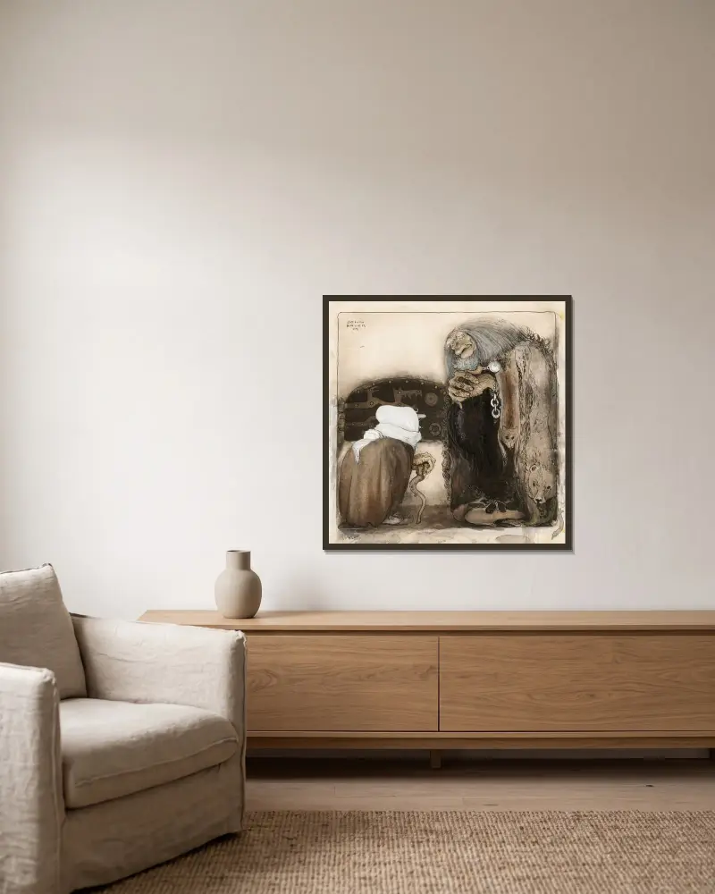 Zwei Trolle von John Bauer gerahmt an einer Wand