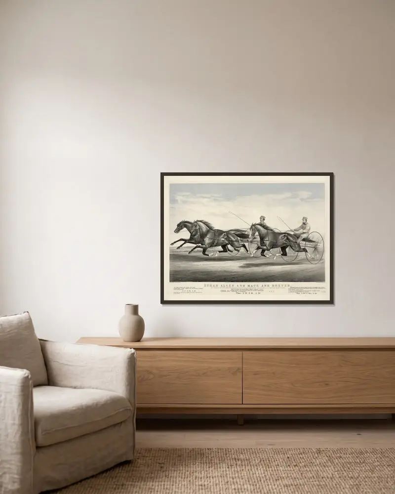 Ethan Allen und Mate und Dexter bei ihrem wunderbaren Rennen auf der Fashion Course, Long Island, am 21. Juni 1867 von John Cameron gerahmt an einer Wand