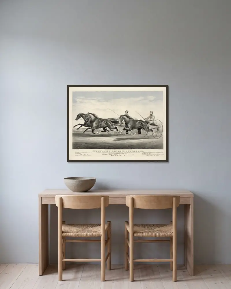 Ethan Allen und Mate und Dexter bei ihrem wunderbaren Rennen auf der Fashion Course, Long Island, am 21. Juni 1867 von John Cameron gerahmt an einer Wand