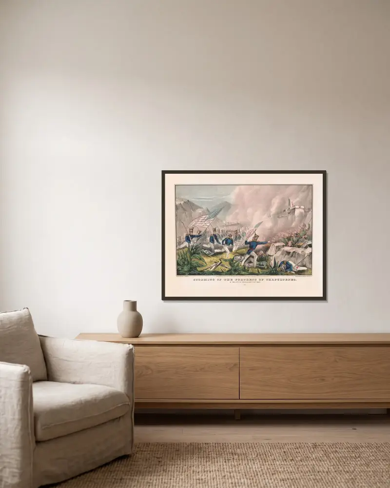 Storming of the Fortress of Chapultepec; at the city of Mexico Sept. 12th 1847 av John Cameron inramad på en vägg