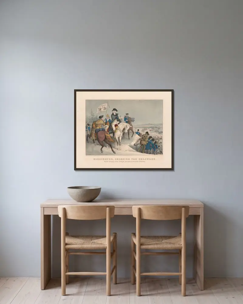Washington korsar Delaware; kvällen den 25 december 1776, före slaget vid Trenton av John Cameron inramad på en vägg