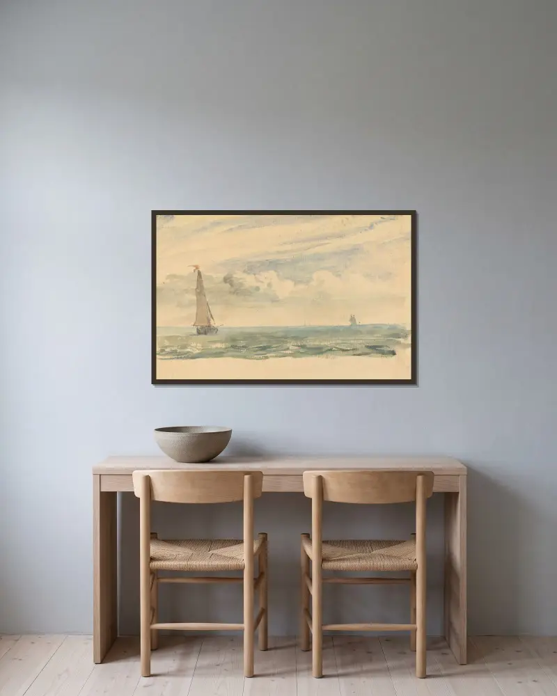 Mořská krajina se dvěma plachetnicemi, John Constable v rámu na stěně