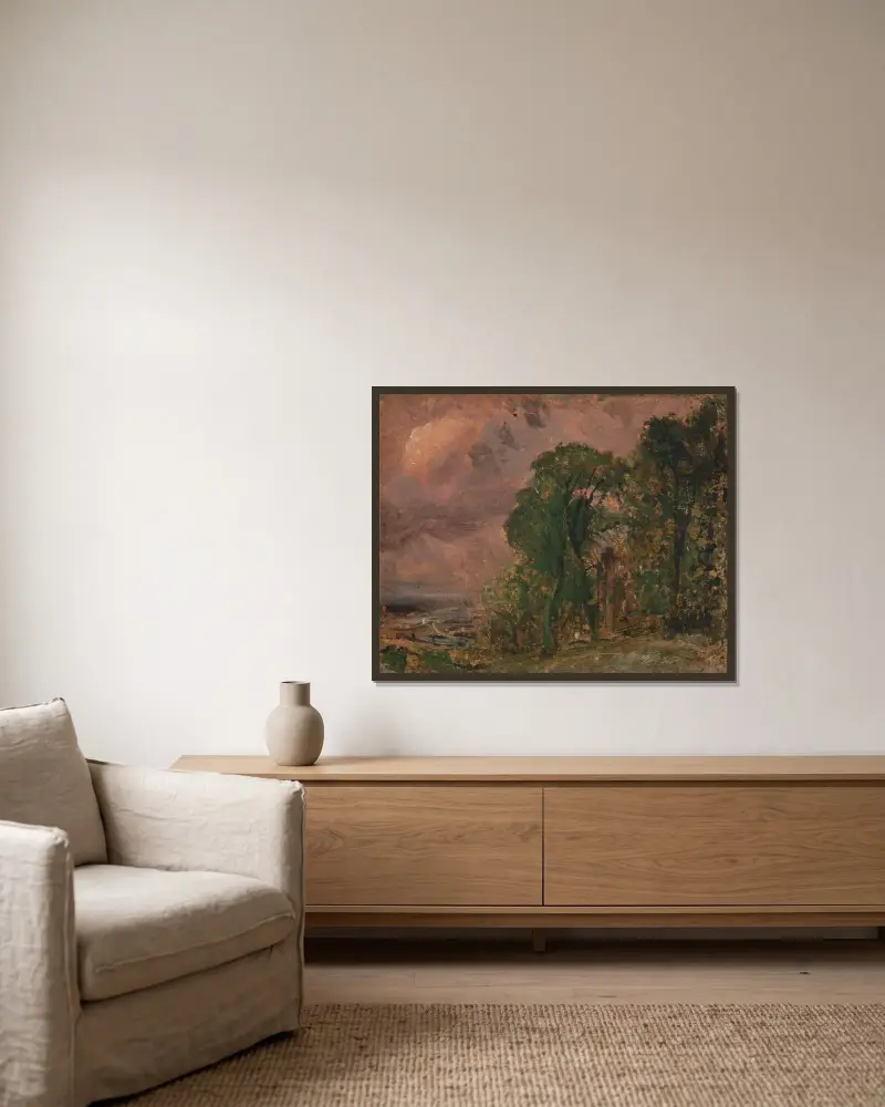 Pohled na Hampstead za bouřlivého počasí, John Constable v rámu na stěně