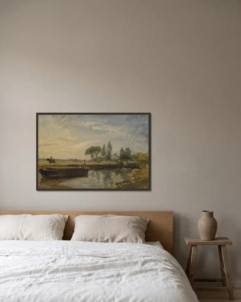 Lastkahn unterhalb der Schleuse von Flatford von John Constable gerahmt an einer Wand