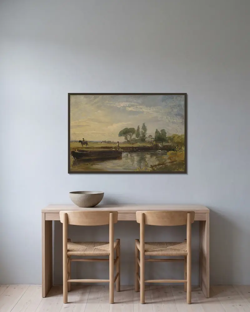 Lastkahn unterhalb der Schleuse von Flatford von John Constable gerahmt an einer Wand