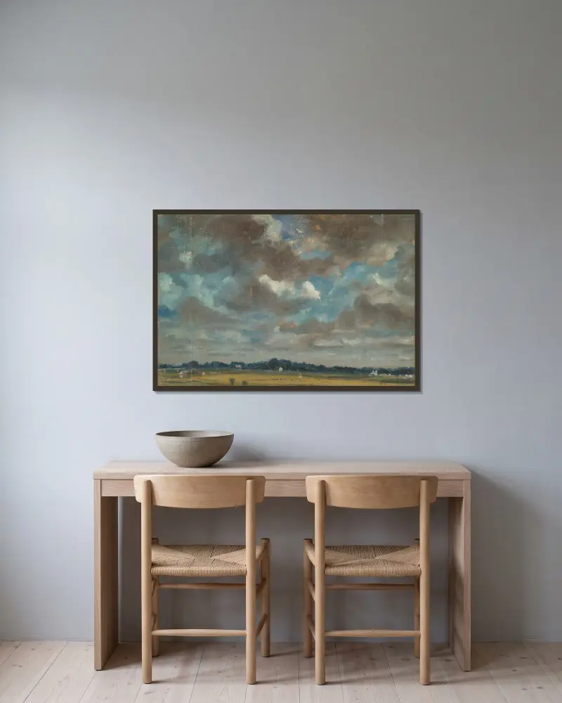 Weite Landschaft mit grauen Wolken von John Constable gerahmt an einer Wand