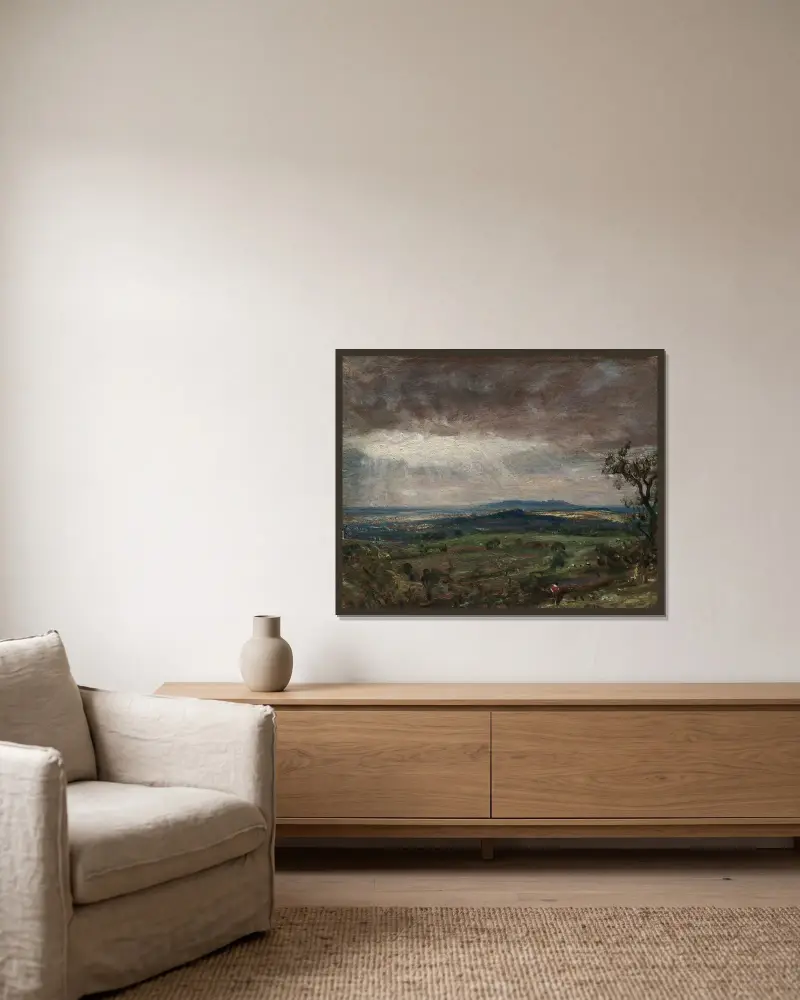 Hampstead Heath, pohled směrem k Harrow, John Constable v rámu na stěně