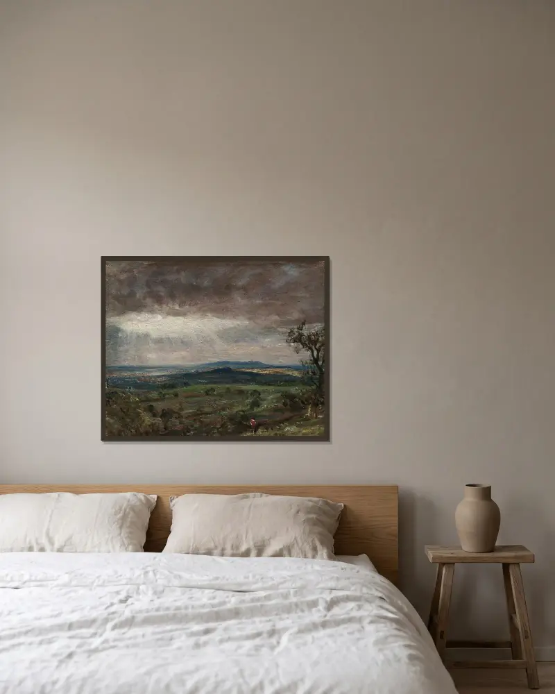 Hampstead Heath, pohled směrem k Harrow, John Constable v rámu na stěně