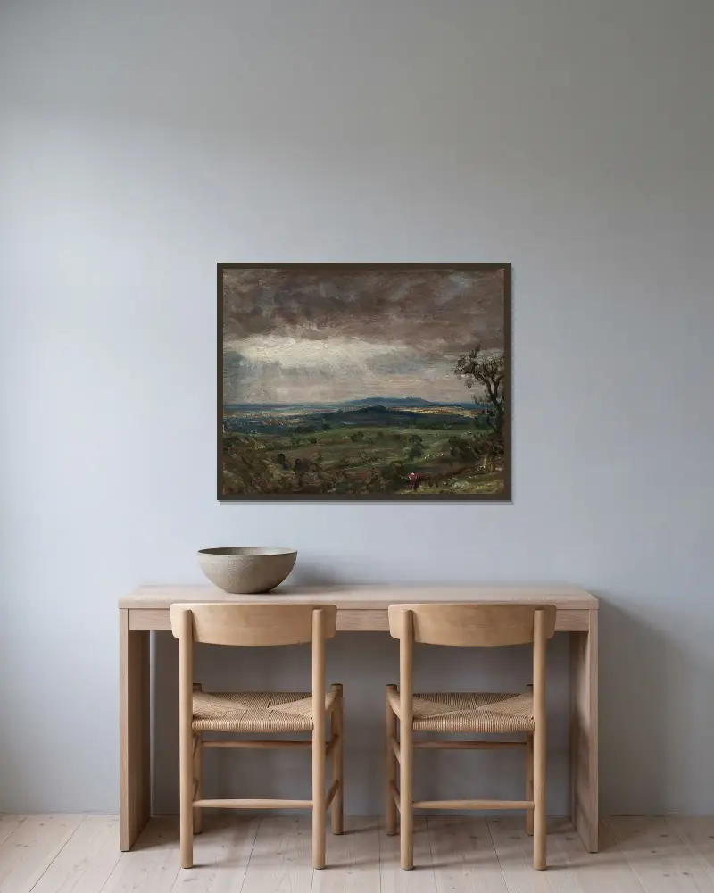 Hampstead Heath, pohled směrem k Harrow, John Constable v rámu na stěně