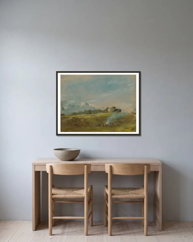 Hampstead Heath mit einem Freudenfeuer von John Constable gerahmt an einer Wand