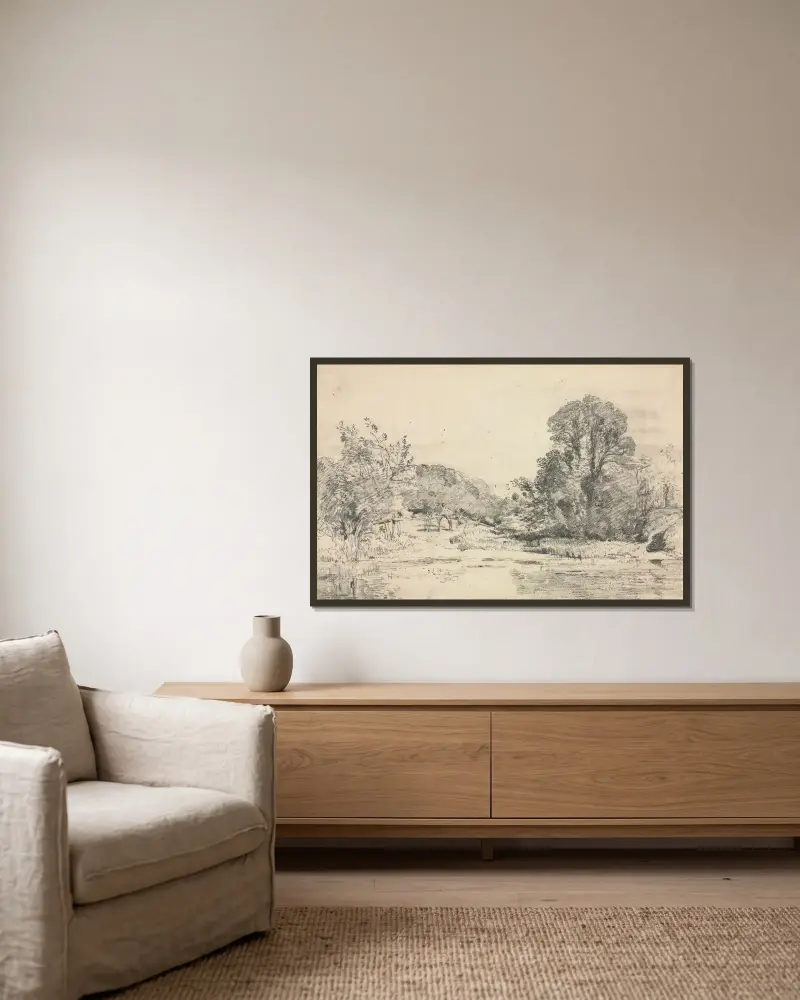 Krajina se stromy kolem rybníka, John Constable v rámu na stěně