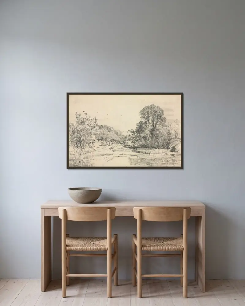 Krajina se stromy kolem rybníka, John Constable v rámu na stěně
