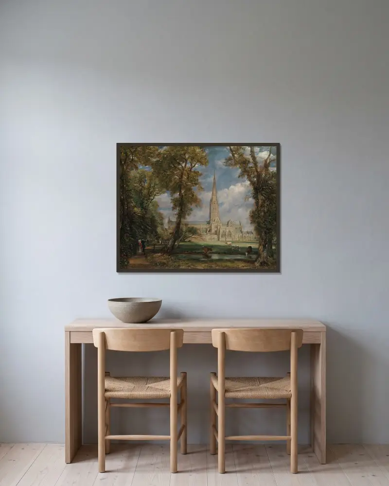 Salisburyjský chrám ze zahrady biskupa, John Constable v rámu na stěně