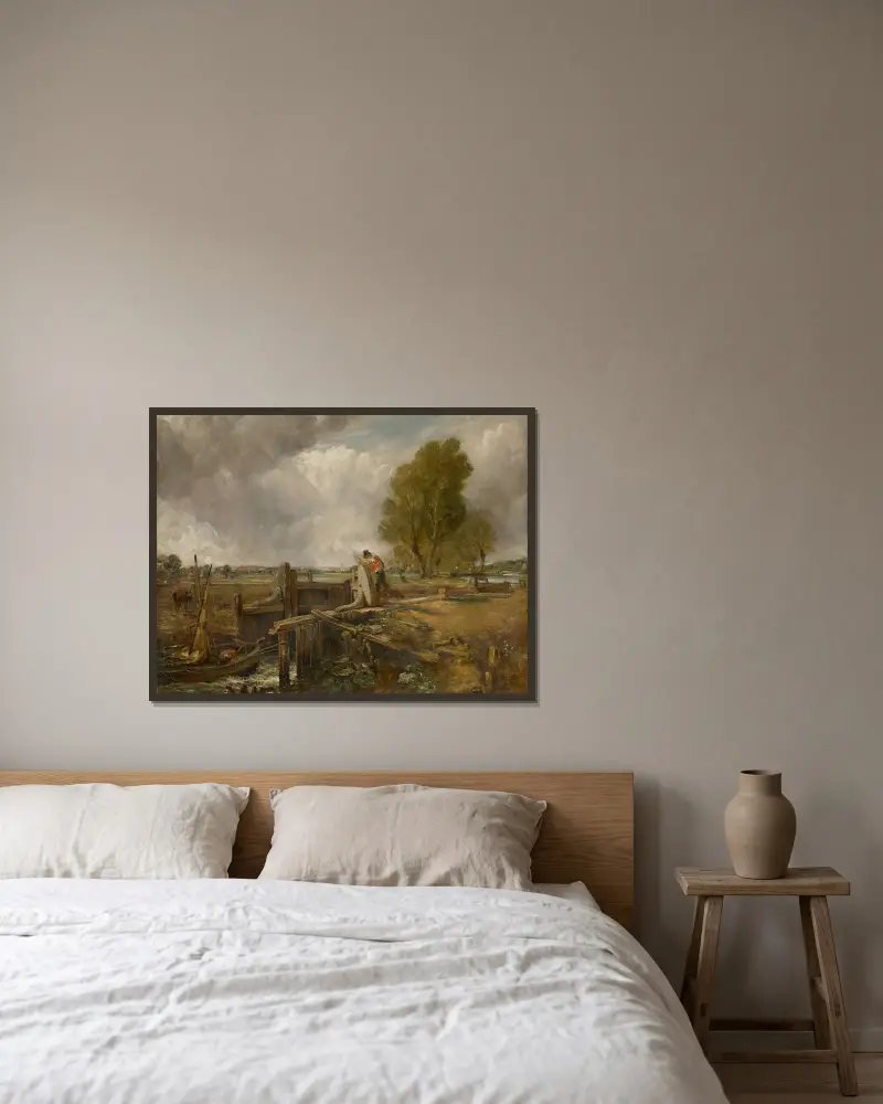 Studie eines Bootes, das eine Schleuse passiert von John Constable gerahmt an einer Wand