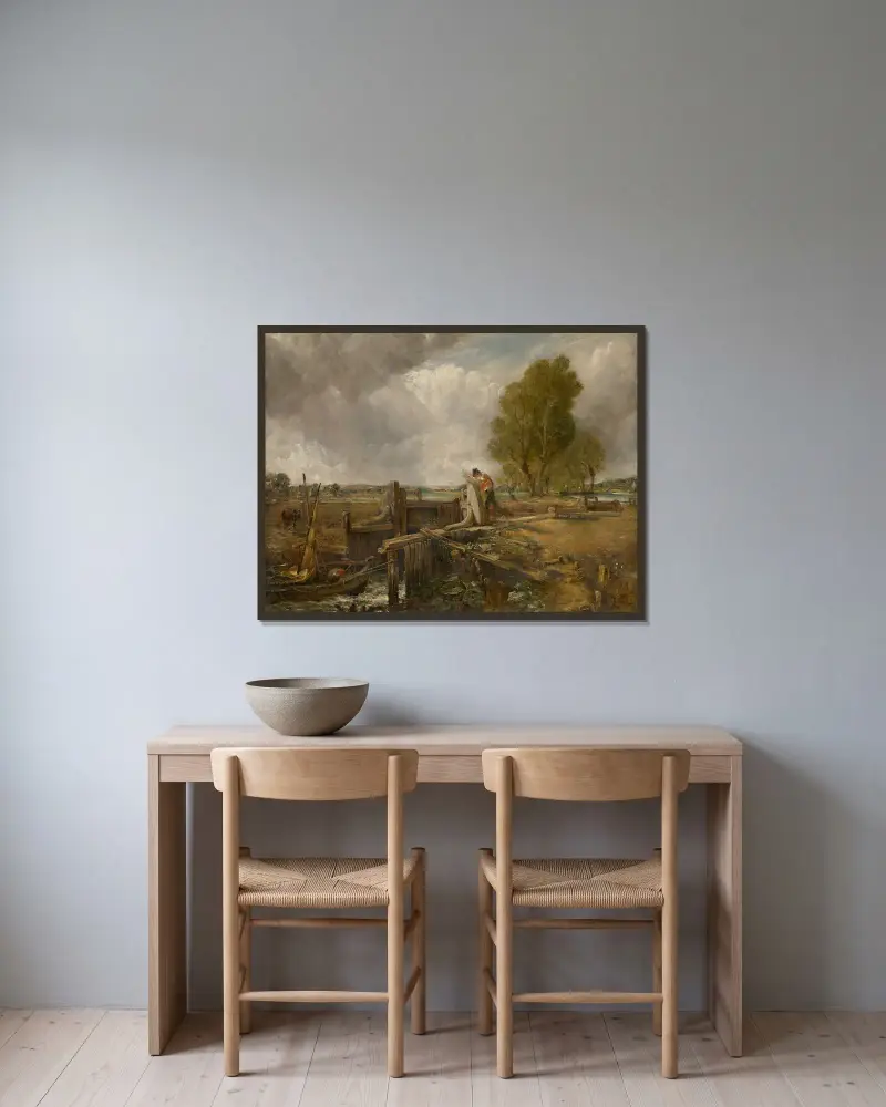 Studie eines Bootes, das eine Schleuse passiert von John Constable gerahmt an einer Wand