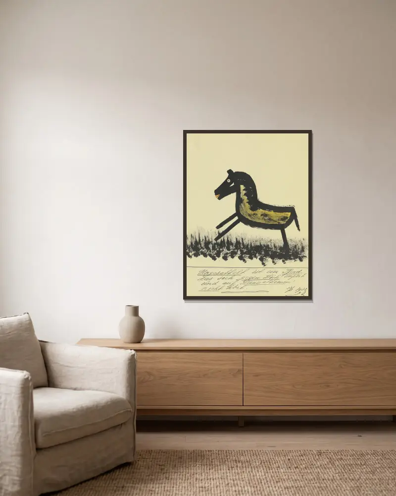 Ungesattelt ist ein Pferd … von John Elsas gerahmt an einer Wand