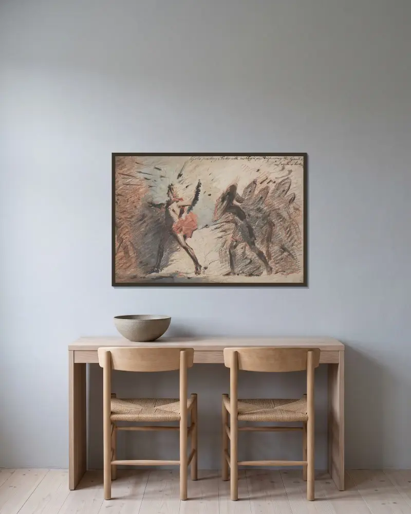 Apollo med sin aigis framför Hektor, skingrande grekerna, efter Fuselis föreläsningar av John Flaxman inramad på en vägg