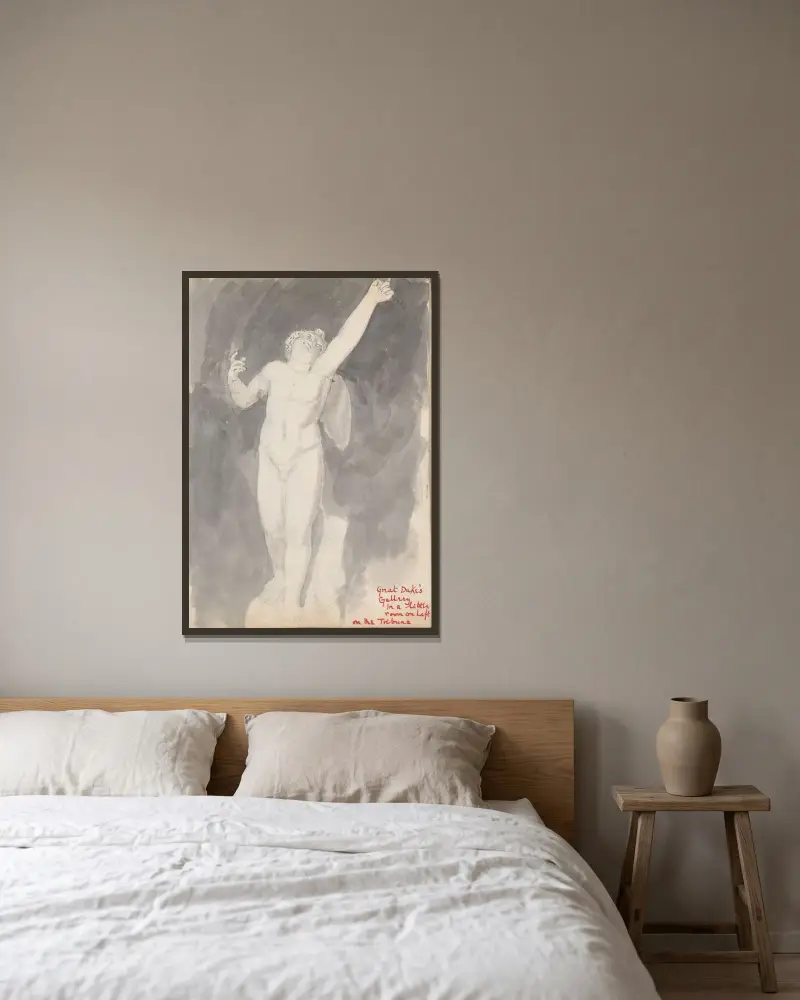 Amor som skjuter en pil, Uffizi, Florens av John Flaxman inramad på en vägg