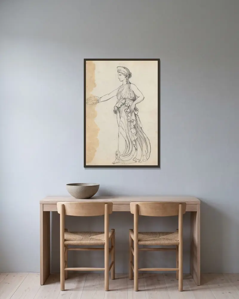 Kvinnlig segerfigur som skrider fram och håller en krans av John Flaxman inramad på en vägg
