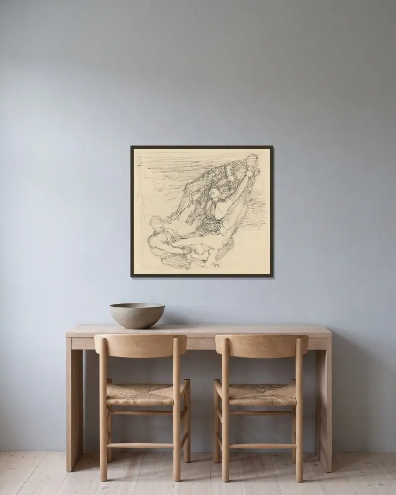 Figur som far genom luften av John Flaxman inramad på en vägg