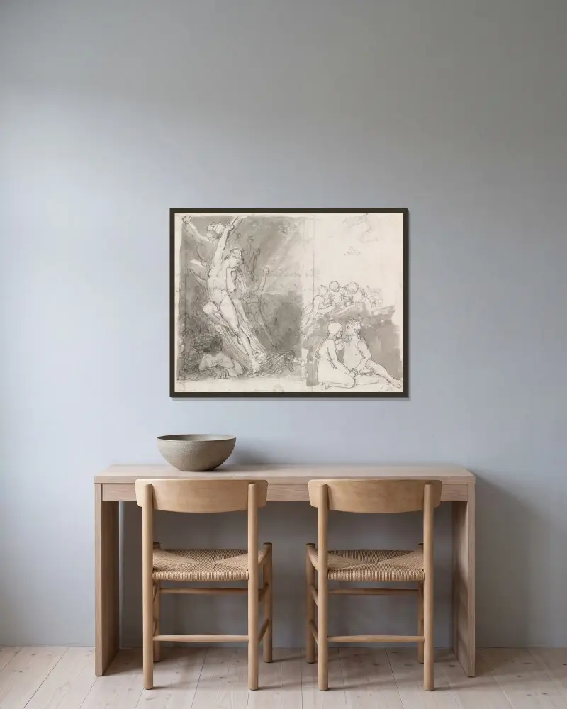 Illustration till Miltons Det förlorade paradiset; Adam och Eva bevakade av änglarna av John Flaxman inramad på en vägg
