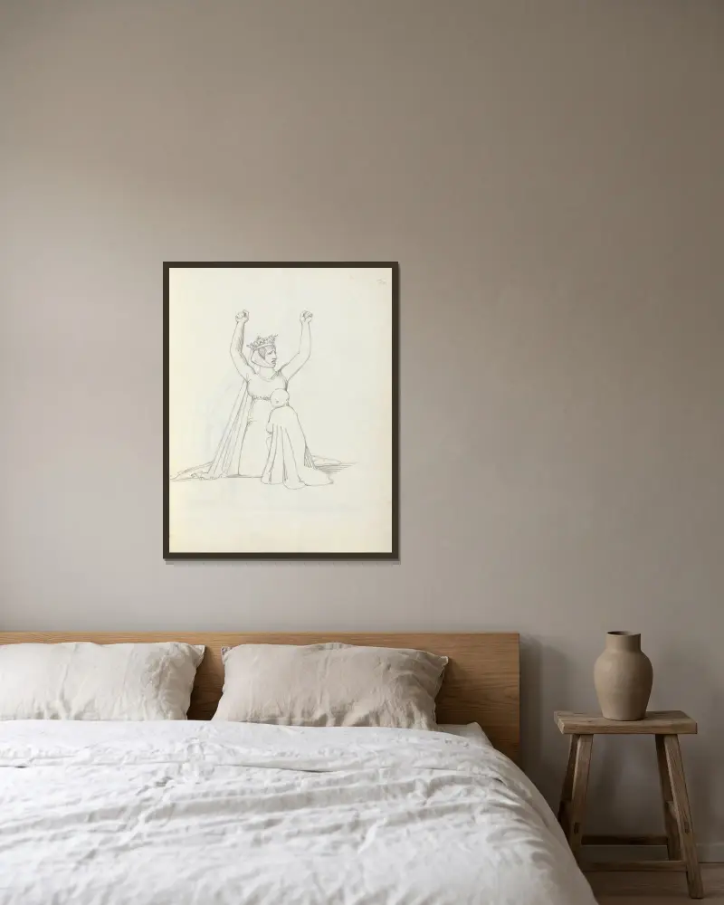 Mrs. Siddons knäböjande med armarna lyfta över huvudet, händerna knutna av John Flaxman inramad på en vägg