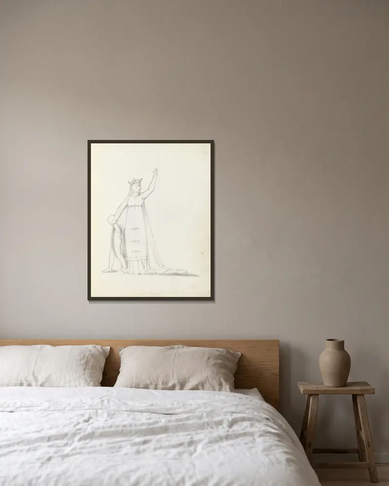 Mrs. Siddons leder ett barn vid handen med vänster arm lyft av John Flaxman inramad på en vägg